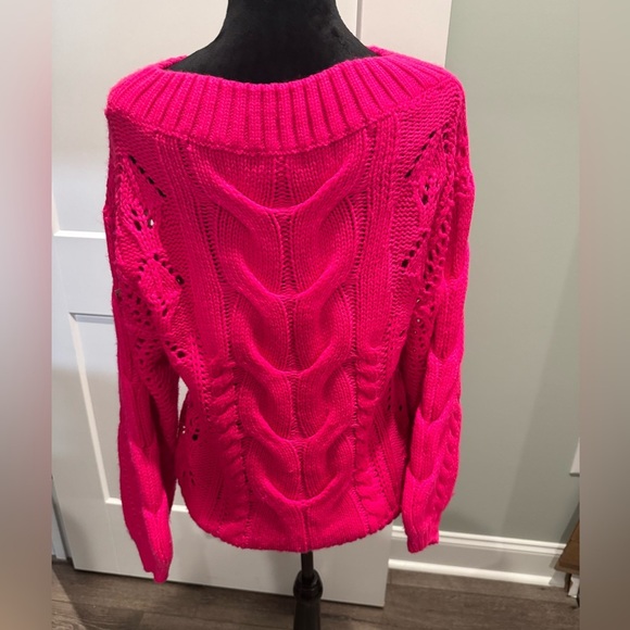 Kori America hot Pink Cable Knit Sweater balloon sleeves crew neck - Picture 3 of 9
